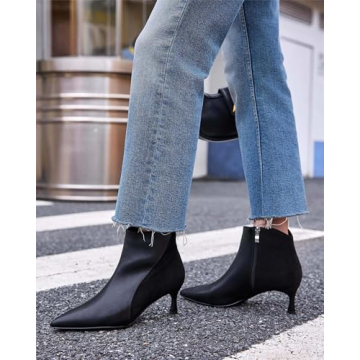 Coutgo Womens Kitten Heel Ankle Boots Pointed Toe Side Zipper Fall Winter Booties Shoes, Black, Size 8