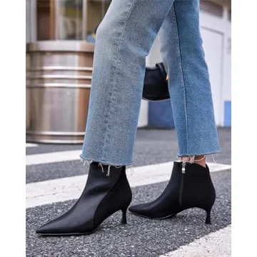 Coutgo Womens Kitten Heel Ankle Boots Pointed Toe Side Zipper Fall Winter Booties Shoes, Black, Size 8