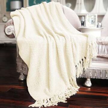Home Soft Things White Throw Blanket Knitted Tweed Throw 50'' x 60'', Antique White, Super Soft Cozy...