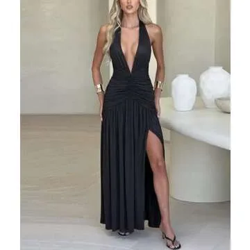 Ekaliy Women's Sexy Halter Deep V Neck Maxi Dress Sleeveless Backless High Slit Ruched Long Dress Summer Party Cocktail Dress Black