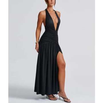 Ekaliy Women's Sexy Halter Deep V Neck Maxi Dress Sleeveless Backless High Slit Ruched Long Dress Summer Party Cocktail Dress Black