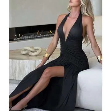 Ekaliy Women's Sexy Halter Deep V Neck Maxi Dress Sleeveless Backless High Slit Ruched Long Dress Summer Party Cocktail Dress Black