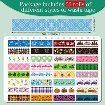 TaoBary 33 Rolls Holiday Plaid Washi Tape, 15 mm Seasonal Washi Tape Set Bohemian Colorful Vintage C...