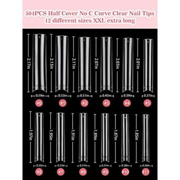 Quaferen Clear Square Nail Tips, 504PCS 3XL Long No C Curve Nail Tips Square, Half Cover Flat Tapered Square Straight Gel Acrylic Nail Tips False Nails for DIY Nail Art Salon