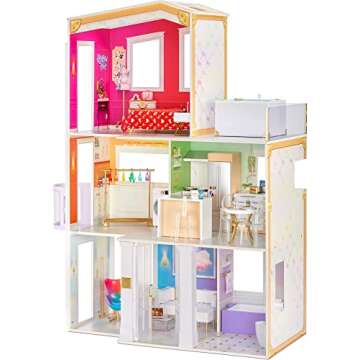 Rainbow High House – 3-Story Wood Doll House (4-Ft Tall & 3-Ft Wide), Fully Furnished Fashion Dollhouse, Working Hot Tub, Shower, Elevator, 50+ Accessories, Gift Toy for Kids Ages 6 7 8+ to 12 Years