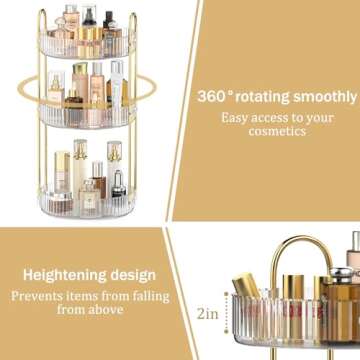 MOKANI 360 Rotating Makeup Organizer for Vanity, 3 Tier Adjustable Perfume Organizer for Dresser, Mu...