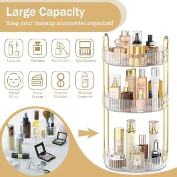 MOKANI 360 Rotating Makeup Organizer for Vanity, 3 Tier Adjustable Perfume Organizer for Dresser, Multi-Function Spinning Cosmetics Skincare Storage for Bedroom, Dresser, Countertop, Clear