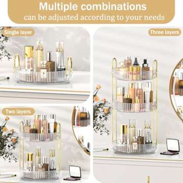 MOKANI 360 Rotating Makeup Organizer for Vanity, 3 Tier Adjustable Perfume Organizer for Dresser, Multi-Function Spinning Cosmetics Skincare Storage for Bedroom, Dresser, Countertop, Clear