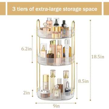MOKANI 360 Rotating Makeup Organizer for Vanity, 3 Tier Adjustable Perfume Organizer for Dresser, Multi-Function Spinning Cosmetics Skincare Storage for Bedroom, Dresser, Countertop, Clear