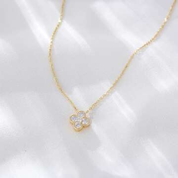 Four Leaf 18K Gold Lucky Clover Necklace for Women, OUXi 925 Sterling Silver Crystal Diamond Pendant Rhinestone Necklaces Cubic Zirconia Chains, Anniversary Birthday Jewelry Gift for Mother Teen Girls