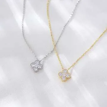 Four Leaf 18K Gold Lucky Clover Necklace for Women, OUXi 925 Sterling Silver Crystal Diamond Pendant Rhinestone Necklaces Cubic Zirconia Chains, Anniversary Birthday Jewelry Gift for Mother Teen Girls