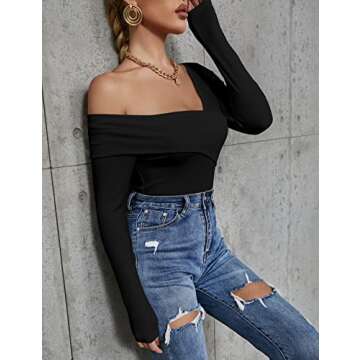 Uvog Women's Sexy Cross Off The Shoulder Tops Long Sleeve Ribbed Knit Wrap Shirt Blouse Black,S