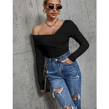 Uvog Women's Sexy Cross Off The Shoulder Tops Long Sleeve Ribbed Knit Wrap Shirt Blouse Black,S