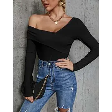 Uvog Women's Sexy Cross Off The Shoulder Tops Long Sleeve Ribbed Knit Wrap Shirt Blouse Black,S
