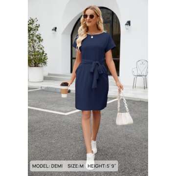 MEROKEETY Women's Summer Striped Short Sleeve T Shirt Dress Casual Tie Waist Midi Dress, SolidNavy, L
