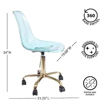 Urban Lifestyle Acrylic Rolling Desk Chair, Mint 21.25D x 19.68W x 34H Inch