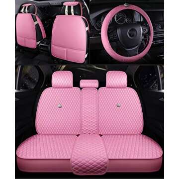 SOGLOTY Luxury Pu Leather Crown Car Seat Cover with Pillows and Steering Wheel Cover for Girl&Women Universal Leatherette Seat Cushions Universal Fits Most Cars (Pink)