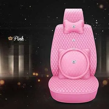 SOGLOTY Luxury Pu Leather Crown Car Seat Cover with Pillows and Steering Wheel Cover for Girl&Women Universal Leatherette Seat Cushions Universal Fits Most Cars (Pink)