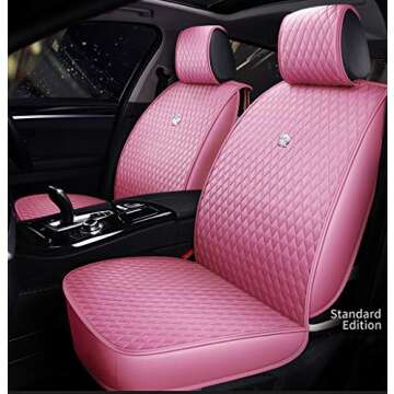 SOGLOTY Luxury Pu Leather Crown Car Seat Cover with Pillows and Steering Wheel Cover for Girl&Women Universal Leatherette Seat Cushions Universal Fits Most Cars (Pink)
