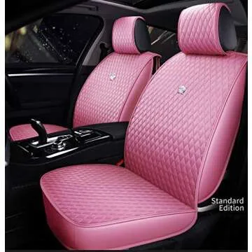 SOGLOTY Luxury Pu Leather Crown Car Seat Cover with Pillows and Steering Wheel Cover for Girl&Women Universal Leatherette Seat Cushions Universal Fits Most Cars (Pink)