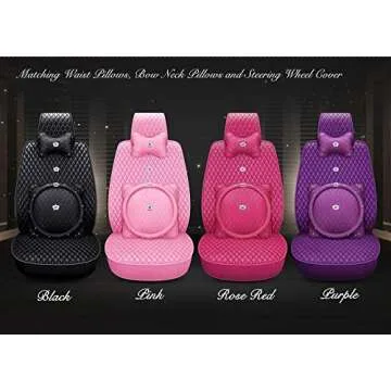 SOGLOTY Luxury Pu Leather Crown Car Seat Cover with Pillows and Steering Wheel Cover for Girl&Women Universal Leatherette Seat Cushions Universal Fits Most Cars (Pink)