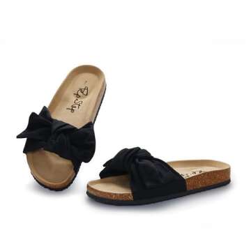 PepStep Slide Sandals for Women or Ladies Dressy Summer Casual, Cute Bow Tie Knot On Top Strap, Comfy Slip On Cork Foot Bed (9,Black)