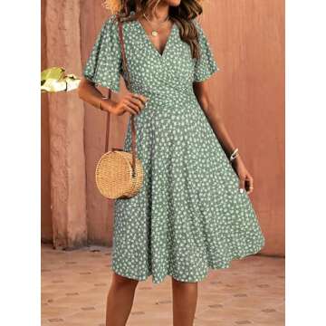 FENSACE Dresses for Women 2025 Casual Wrap V Neck Light Green Easter Dress(Floral-32,Medium)