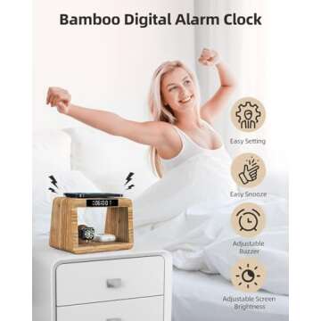 Bamboo Wireless Charging Station,Wireless Charger with Digital Alarm Clock and Night Light, Fast Cha...
