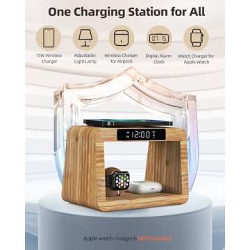 Bamboo Wireless Charging Station,Wireless Charger with Digital Alarm Clock and Night Light, Fast Charger Stand for iPhone 15/14/13/12/11 Pro Max/X/Xs, AirPods Pro, iWatch Series 8/7/6/5/SE