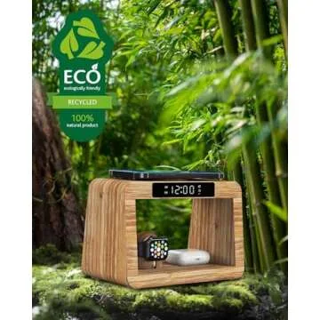 Bamboo Wireless Charging Station,Wireless Charger with Digital Alarm Clock and Night Light, Fast Charger Stand for iPhone 15/14/13/12/11 Pro Max/X/Xs, AirPods Pro, iWatch Series 8/7/6/5/SE