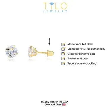 14k Yellow Gold Solitaire Round Cubic Zirconia Stud Earrings in Secure Screw-backs (2.5mm)…