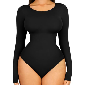 FeelinGirl Tummy Control Bodysuit for Women Long Sleeve Shapewear Thong Body Suit
