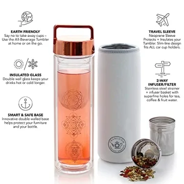 Teabloom All-Purpose Beverage Tumbler – 15 oz / 450 ml Insulated Glass Bottle – Tea, Coffee, Fruit Infused Water – All-Temperature Travel Mug – Stainless Steel Infuser Basket