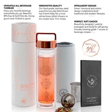 Teabloom All-Purpose Beverage Tumbler – 15 oz / 450 ml Insulated Glass Bottle – Tea, Coffee, Fruit Infused Water – All-Temperature Travel Mug – Stainless Steel Infuser Basket