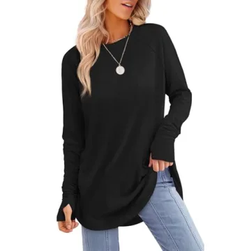 XIEERDUO Black Tops for Women: Cozy Fall Long Sleeve Shirts with Thumb Holes