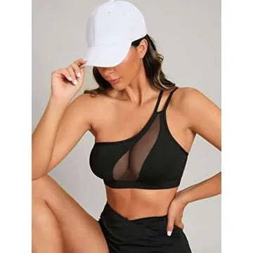 Verdusa Women's Contrast Mesh One Shoulder Padded Workout Sports Bra Black M