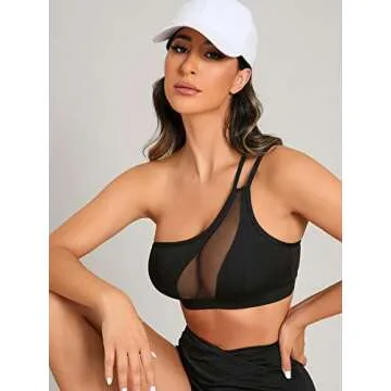 Verdusa Women's Contrast Mesh One Shoulder Padded Workout Sports Bra Black M
