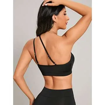 Verdusa Women's Contrast Mesh One Shoulder Padded Workout Sports Bra Black M