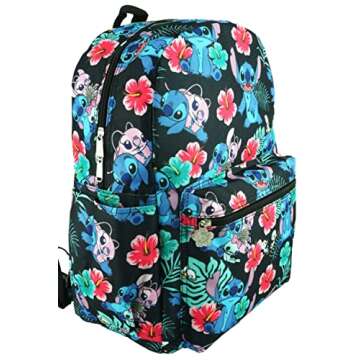 Lilo and Stitch 16 Inch Allover Print Backpack with Laptop Sleeve (Black W/Side Pockets)