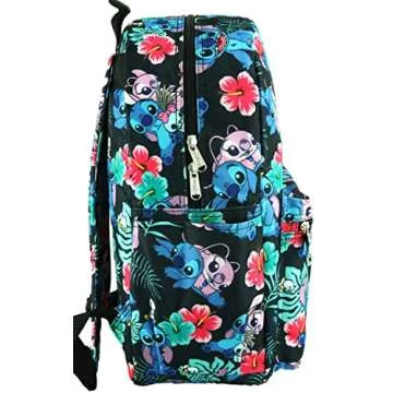 Lilo and Stitch 16 Inch Allover Print Backpack with Laptop Sleeve (Black W/Side Pockets)