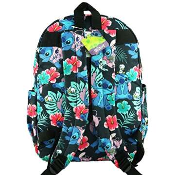 Lilo and Stitch 16 Inch Allover Print Backpack with Laptop Sleeve (Black W/Side Pockets)