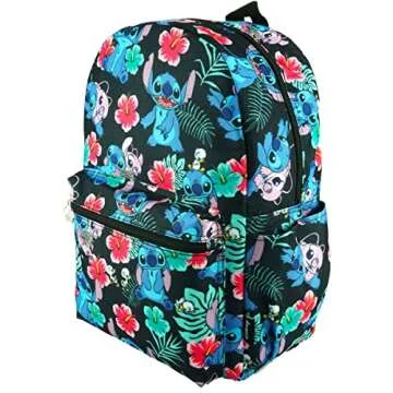 Lilo and Stitch 16 Inch Allover Print Backpack with Laptop Sleeve (Black W/Side Pockets)