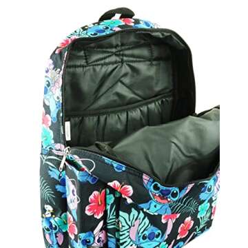 Lilo and Stitch 16 Inch Allover Print Backpack with Laptop Sleeve (Black W/Side Pockets)