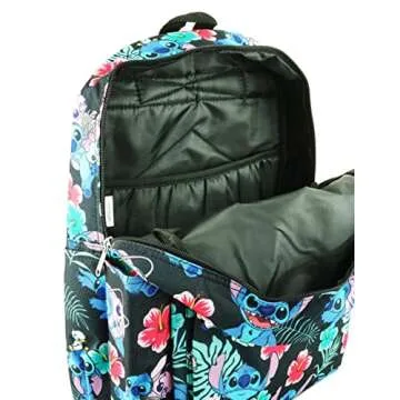 Lilo and Stitch 16 Inch Allover Print Backpack with Laptop Sleeve (Black W/Side Pockets)