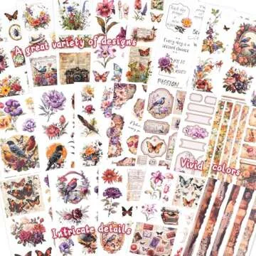 Dizdkizd 177 Pre-Cut Flower and Bird Scrapbook Sticker Book for Adults and Teens, Nature Themed Vintage Aesthetic Sticker Set, Journaling Supplies, Ephemera for Junk Journals