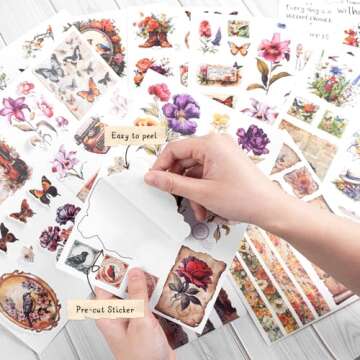 Dizdkizd 177 Pre-Cut Flower and Bird Scrapbook Sticker Book for Adults and Teens, Nature Themed Vintage Aesthetic Sticker Set, Journaling Supplies, Ephemera for Junk Journals