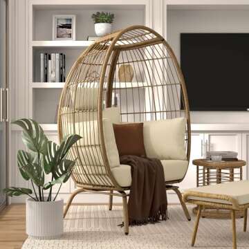 YITAHOME Outdoor Egg Chair, 370lbs Capacity Wicker Patio Basket Chair, All-Weather Oversized Stationary Egg Lounger Chair for Indoor Living Room Outside Balcony Backyard (Beige)