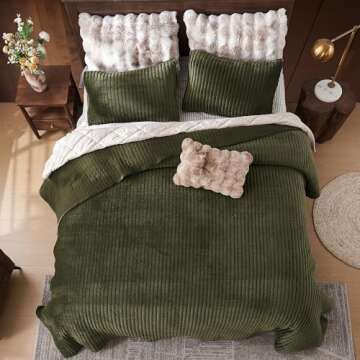 SHALALA Velvet Quilt Queen Size,Striped Bedding Set,Lightweight Velvet Comforter,Luxurious Cozy Suede Bedspread and Coverlet with Soft Brushed Microfiber Back for All Season(Army Green,Full/Queen)
