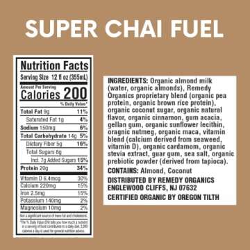 Remedy Organics Super Chai Fuel 12-Pack | Plant Based 20g Protein Shakes, Ready to Drink | USDA Orga...