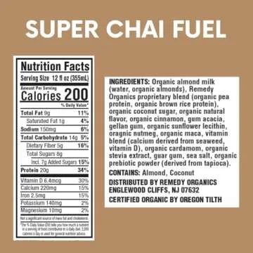 Remedy Organics Super Chai Fuel 12-Pack | Plant Based 20g Protein Shakes, Ready to Drink | USDA Orga...